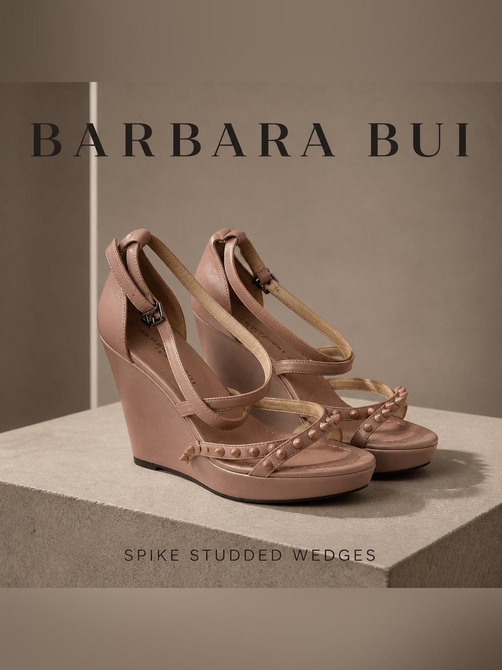 Barbara Bui neutral color spike straps wedge heels sz 7 (37)